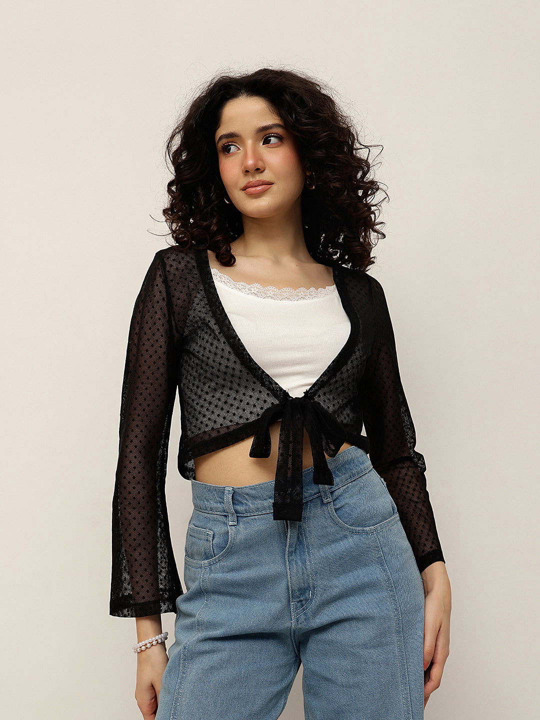 Bell Sleeve Dotted Lace Shrug