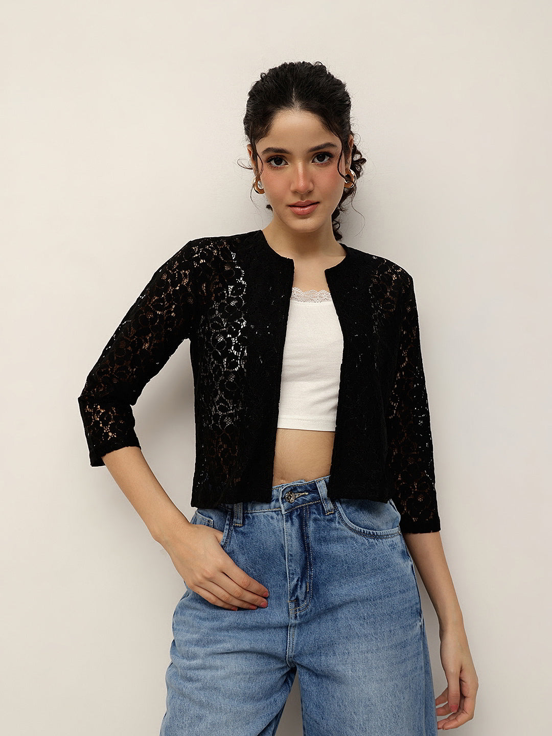 Floral Lace Open-Front Shrug
