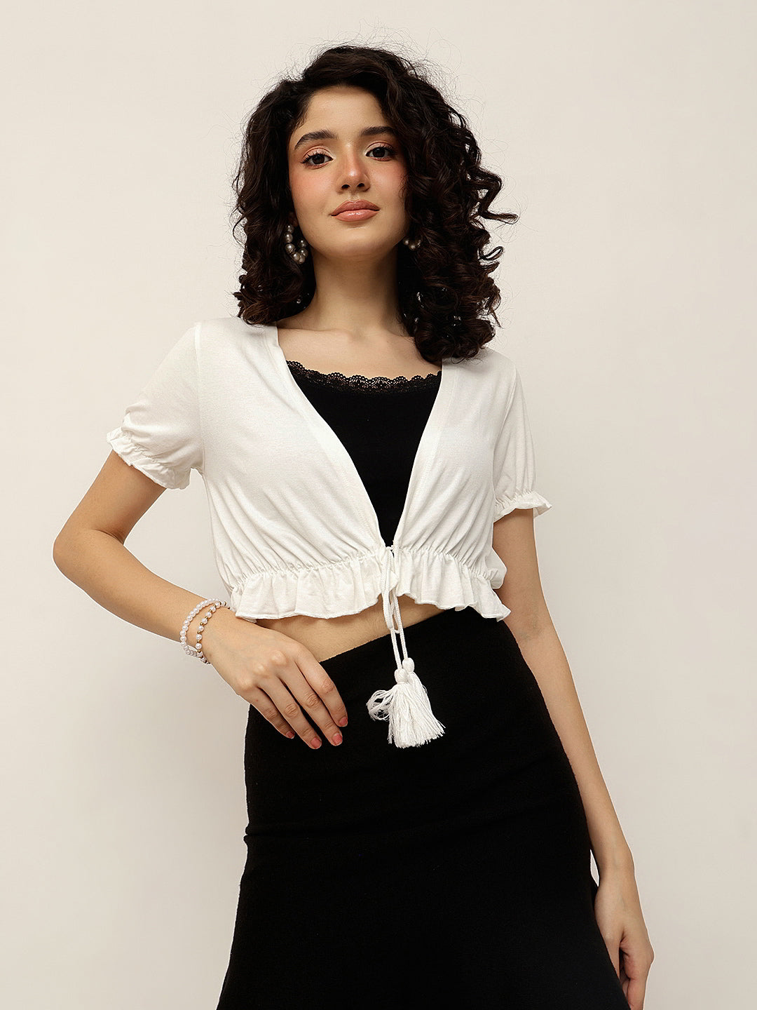 Viscose Crop Shrug with Tassel Tie-up