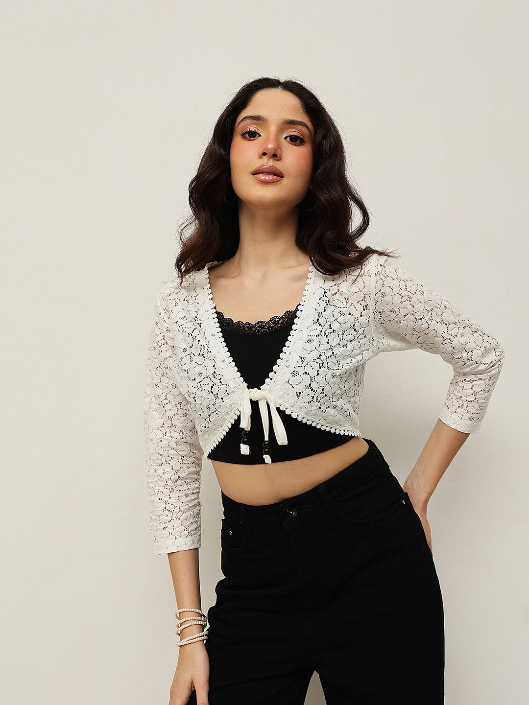 Lace Crop Shrug with Tie-up Neckline