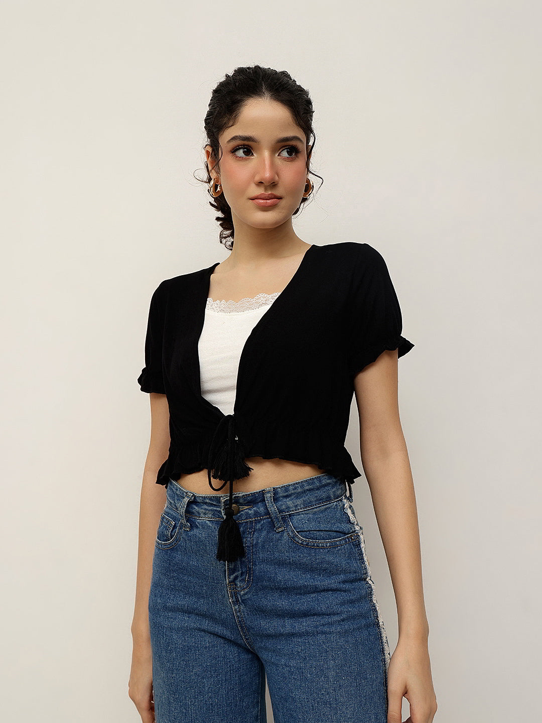 Viscose Crop Shrug with Tassel Tie-up