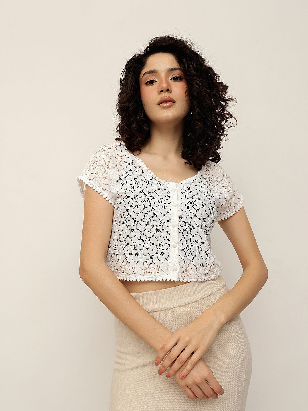 Button-Front Floral Lace Crop Shrug