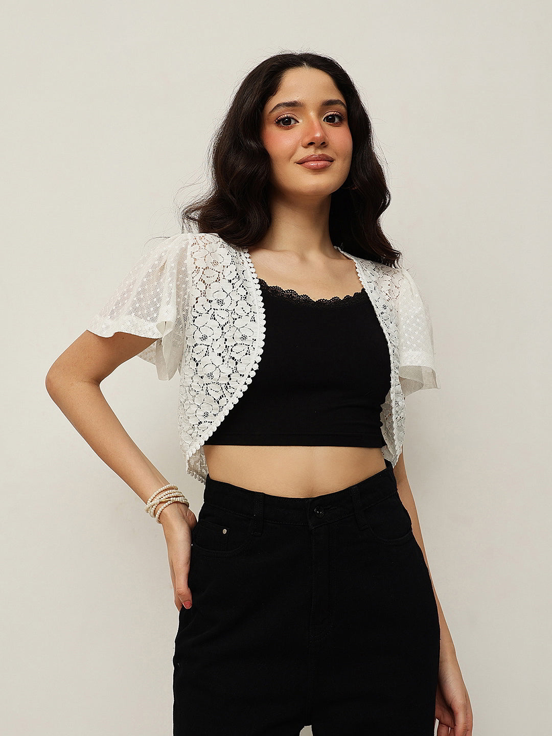 Flutter sleeve Lace and Mesh shrug