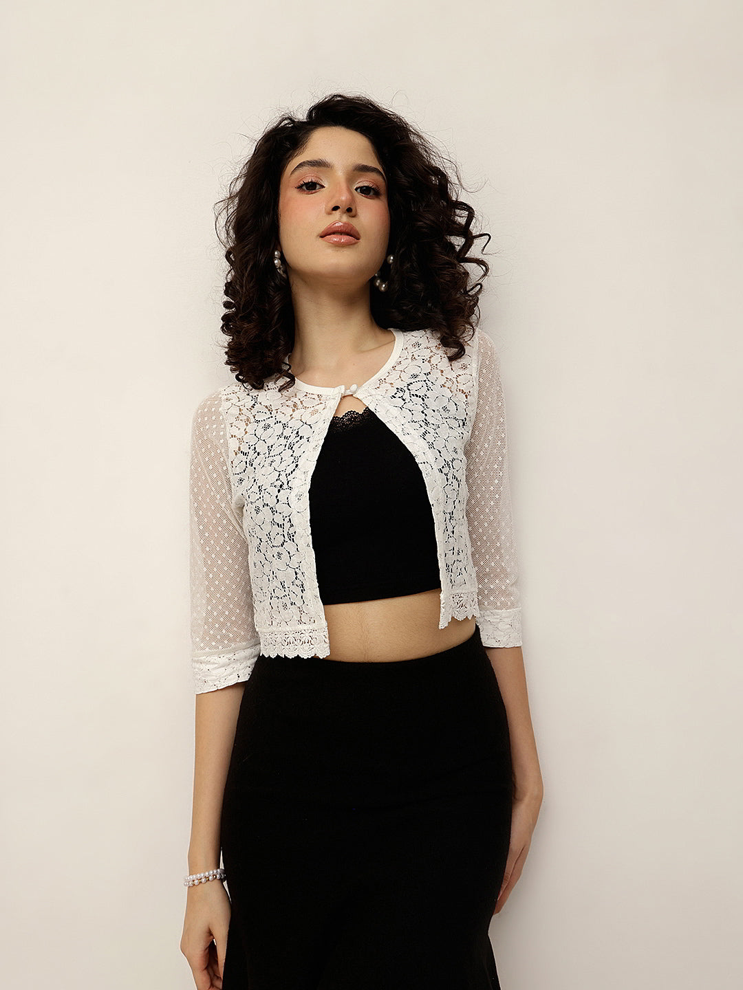 Lace and Mesh Shrug with Pearl Button