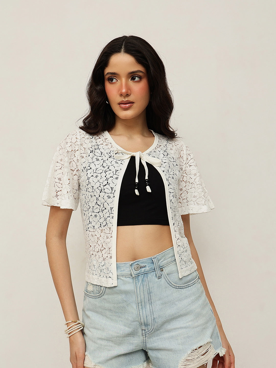 Floral Lace Tie-up Crop Shrug