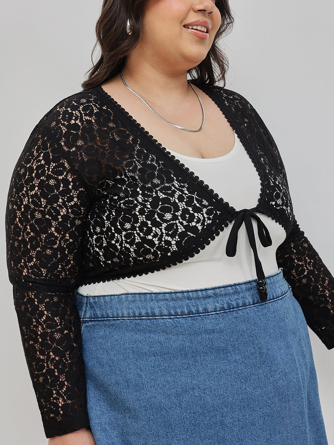 Lace Crop Shrug with Tie-up Neckline Plus Size