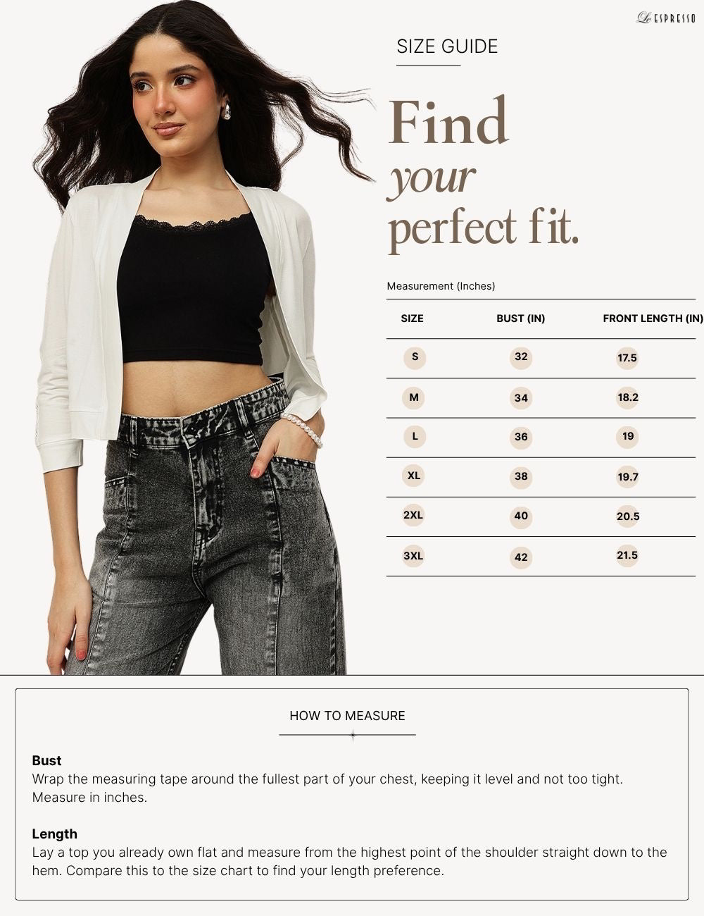 Viscose Elastane Open Front Shrug size guide