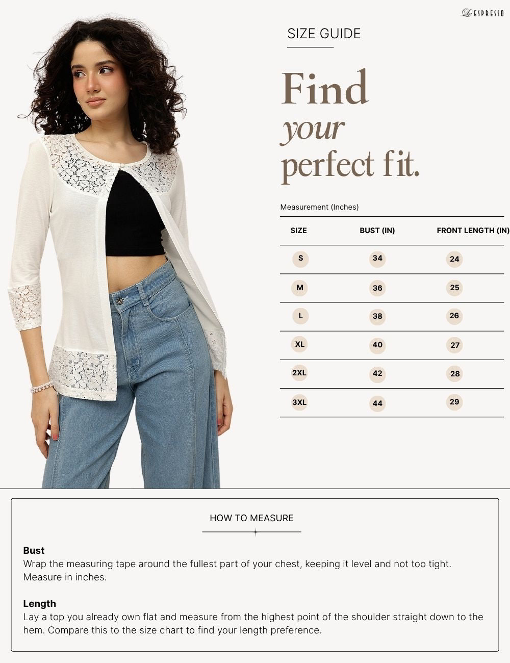 Lace Panel Viscose Shrug size guide