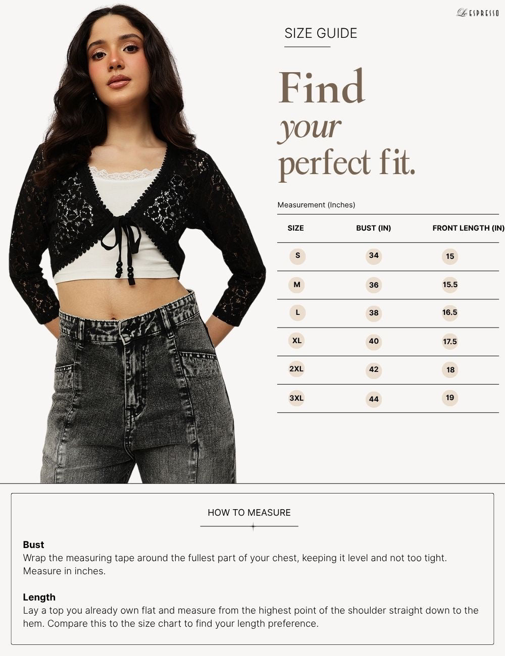 Lace Crop Shrug with Tie-up Neckline size guide