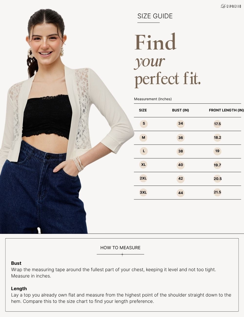 Open-Front Lace Viscose Shrug size guide