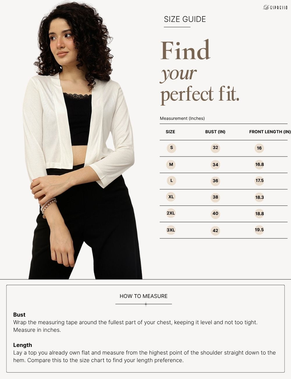 Front Open 3/4th Sleeve Cropped Shrug size guide