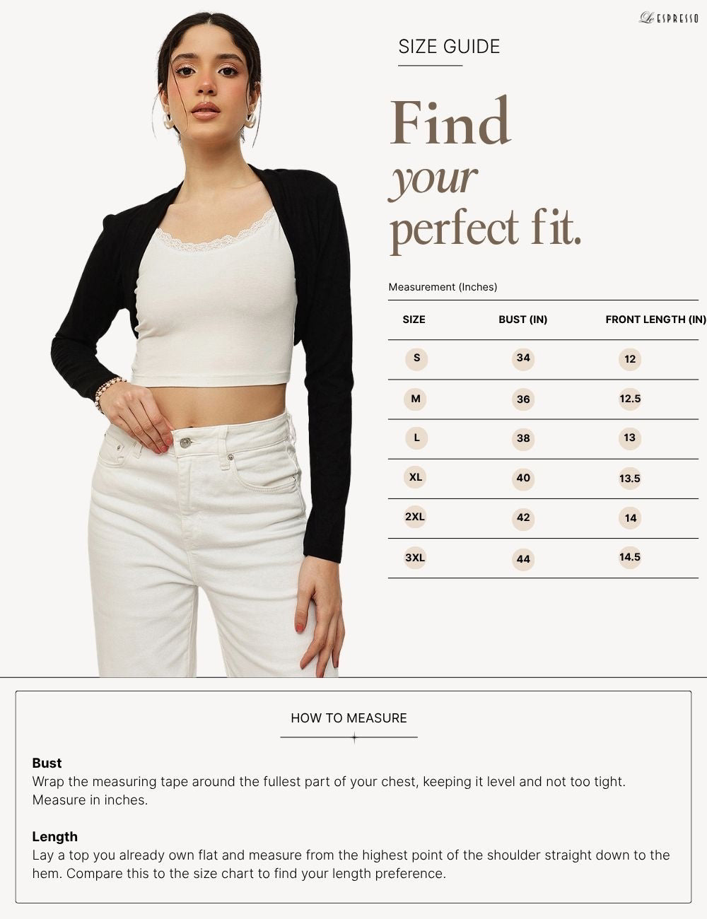 Viscose Elastane Crop Bolero size guide