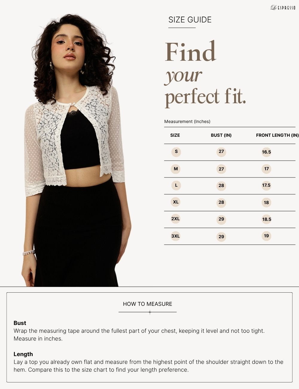 Lace and Mesh Shrug with Pearl Button size guide