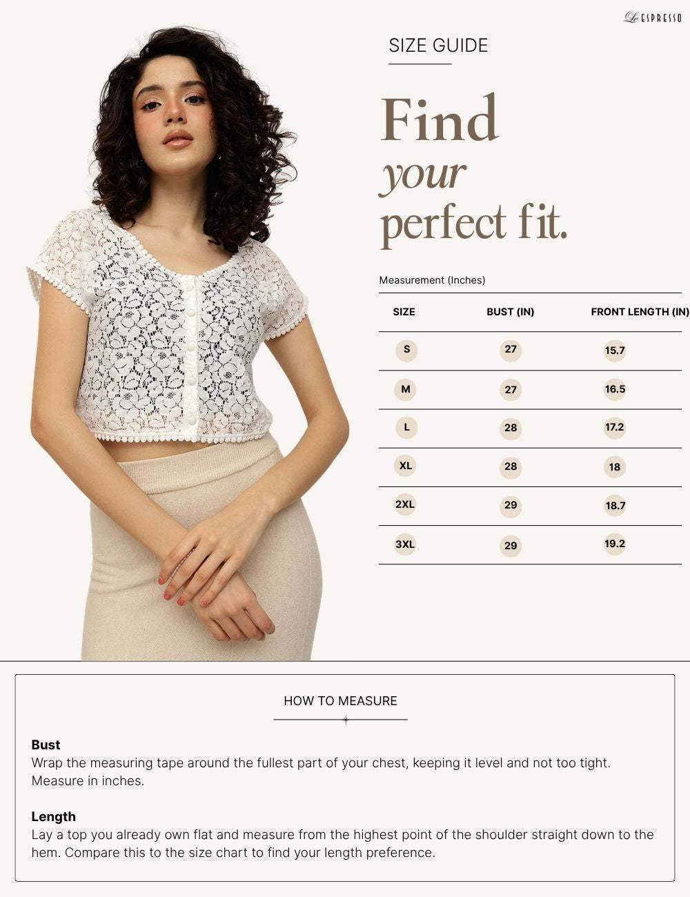 Button-Front Floral Lace Crop Shrug size guide