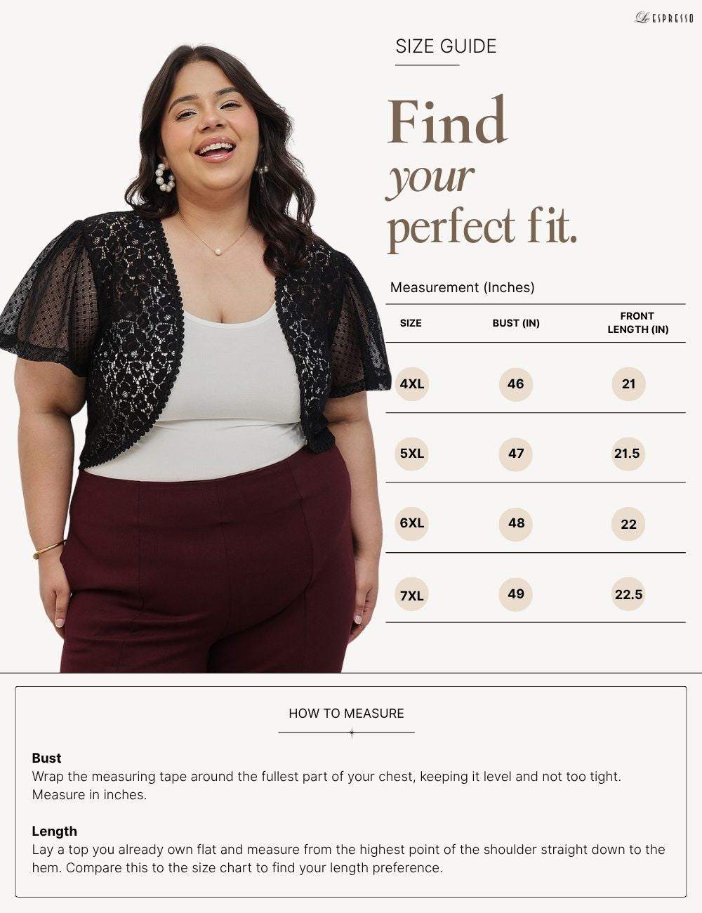 Flutter sleeve Lace and Mesh shrug Plus Size size guide