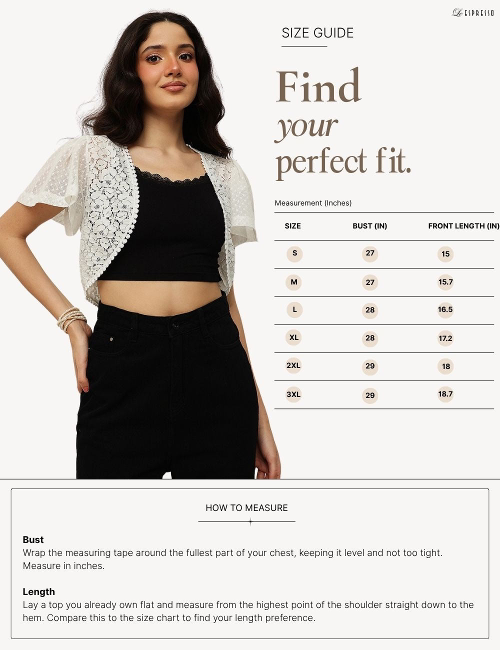 Flutter sleeve Lace and Mesh shrug size guide
