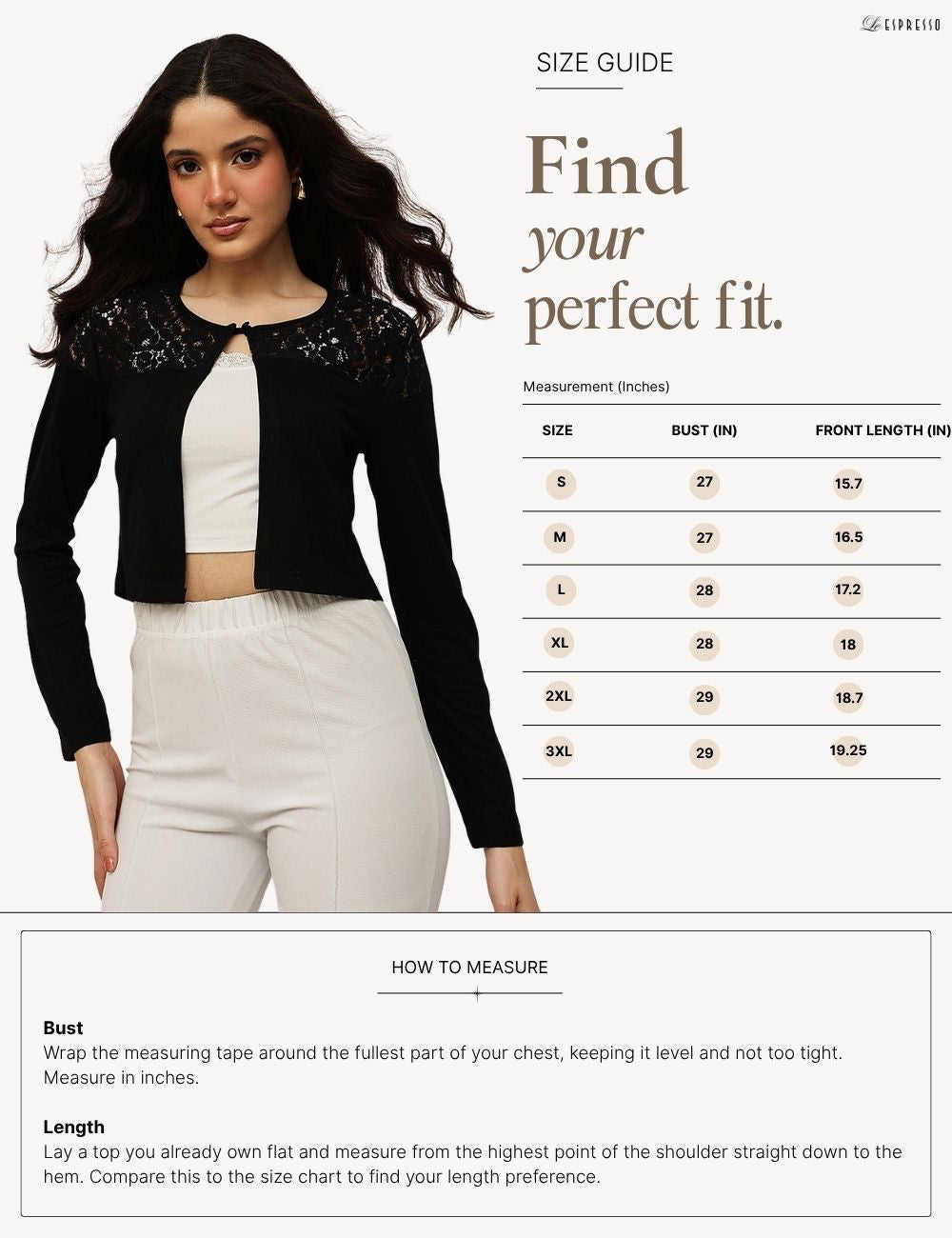 Lace Yoke Viscose Crop Shrug size guide