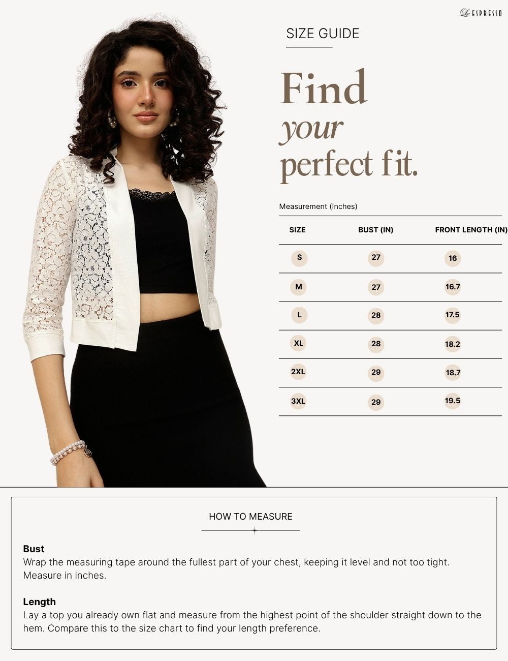 Lace Panel Crop Shrug with Fitted cuffs size guide