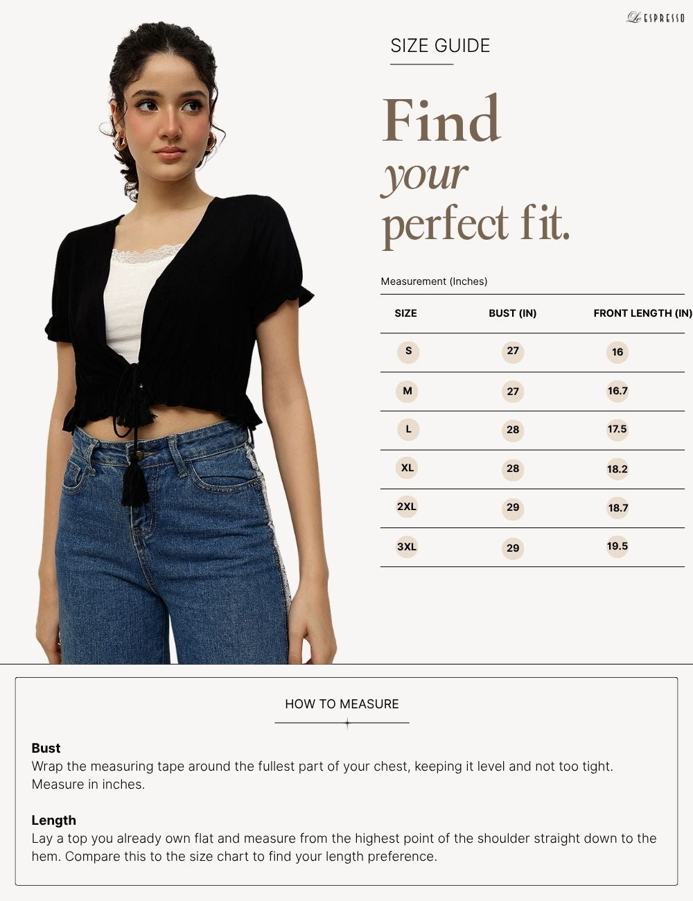 Viscose Crop Shrug with Tassel Tie-up size guide