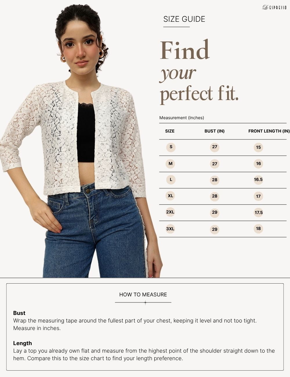 Floral Lace Open-Front Shrug size guide