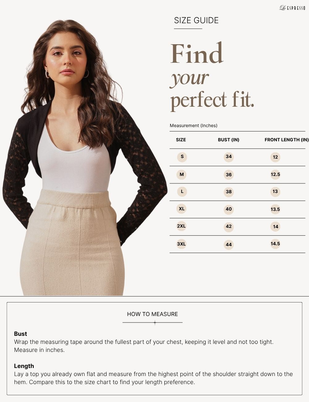 Viscose Elastane Crop Bolero with Floral Lace Sleeves size guide