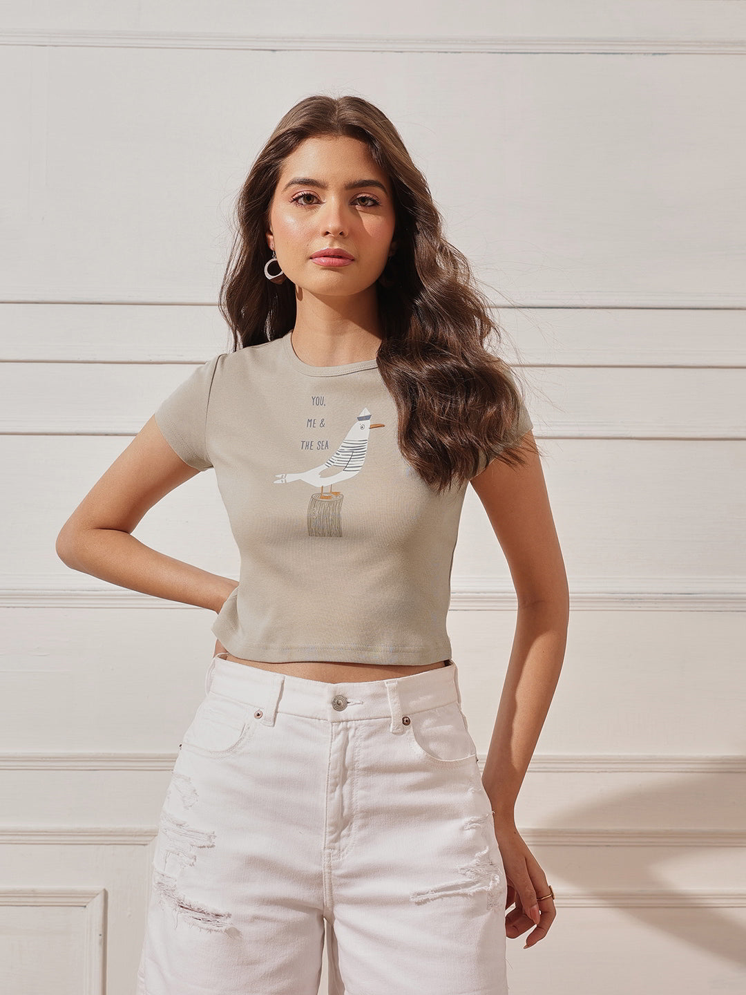 Cotton Ribbed Printed Crop Top