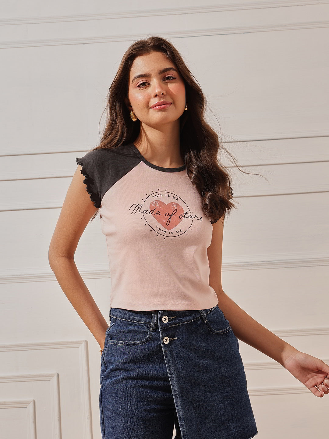 Cotton Raglan Sleeve Crop Top