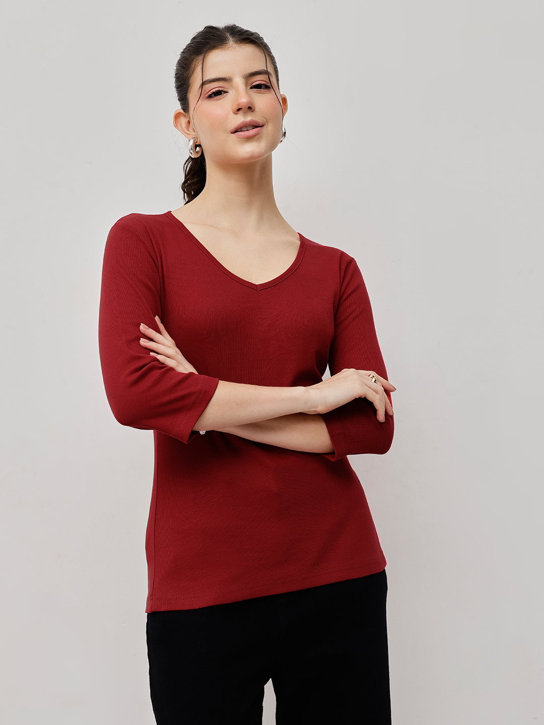 Cotton Ribbed V Neck Top