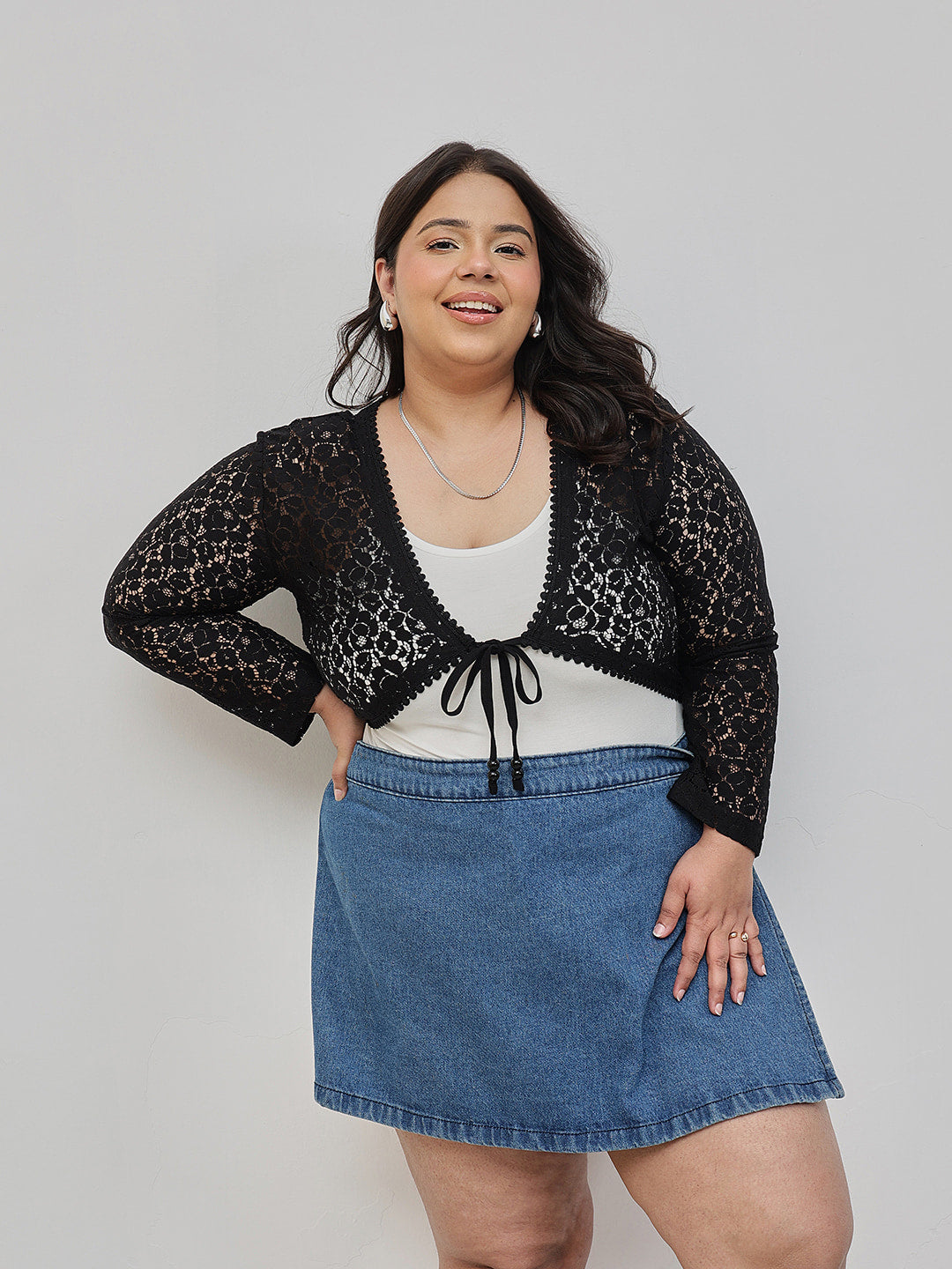 Lace Crop Shrug with Tie-up Neckline Plus Size