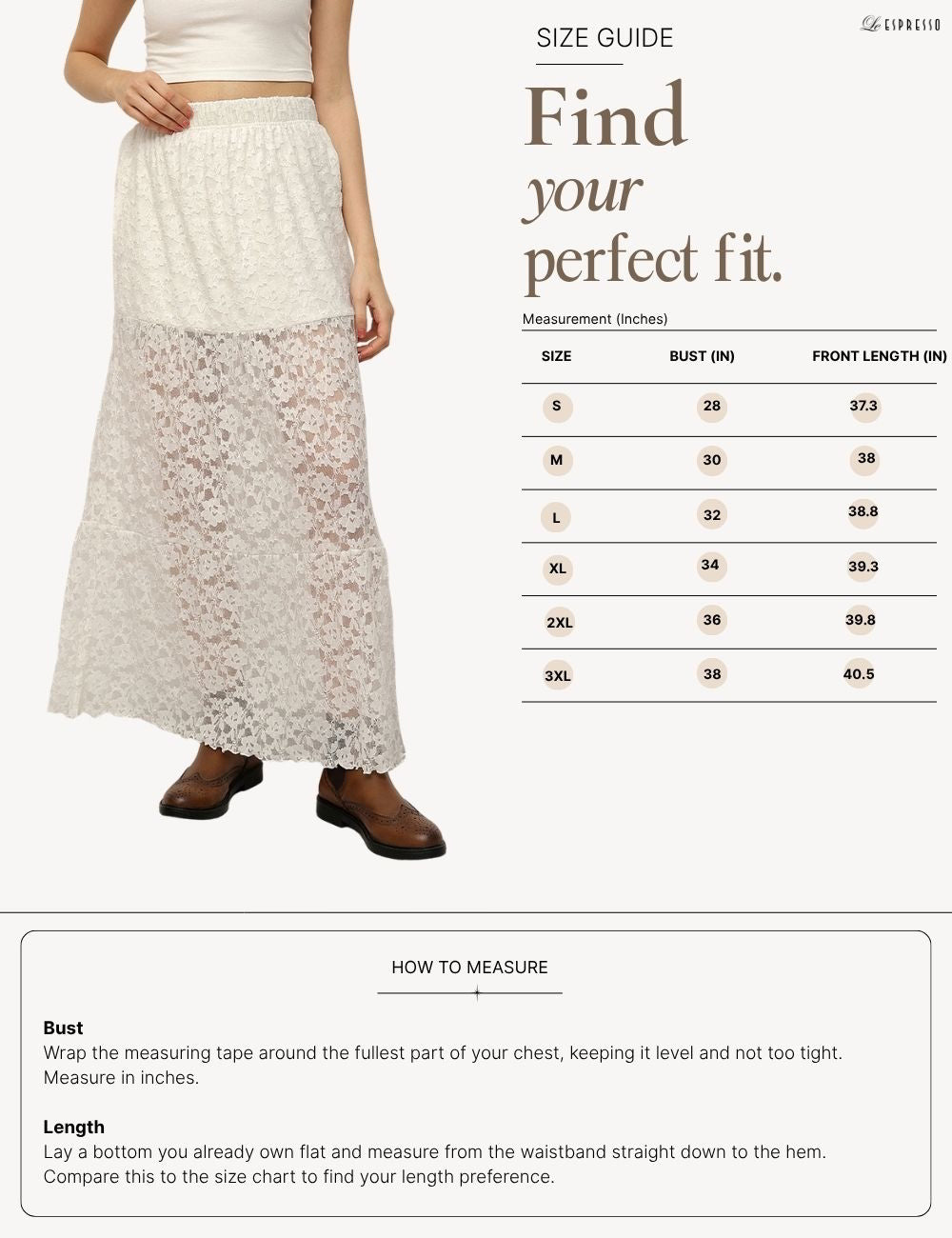 Floral Lace Maxi Skirt size guide