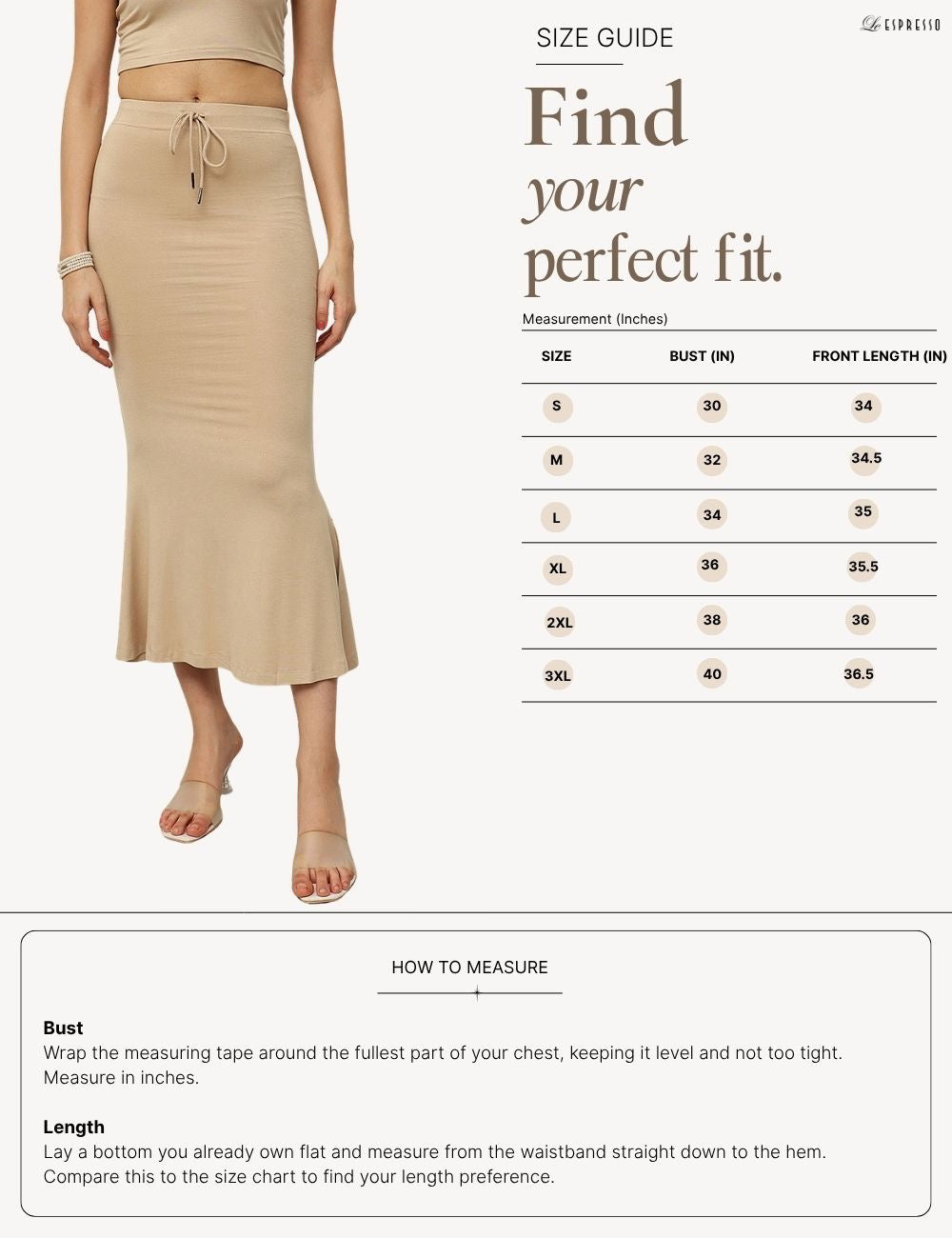 Mermaid-Fit Viscose Shapewear Skirt size guide