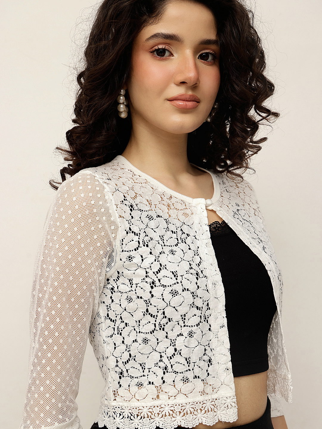 Lace and Mesh Shrug with Pearl Button