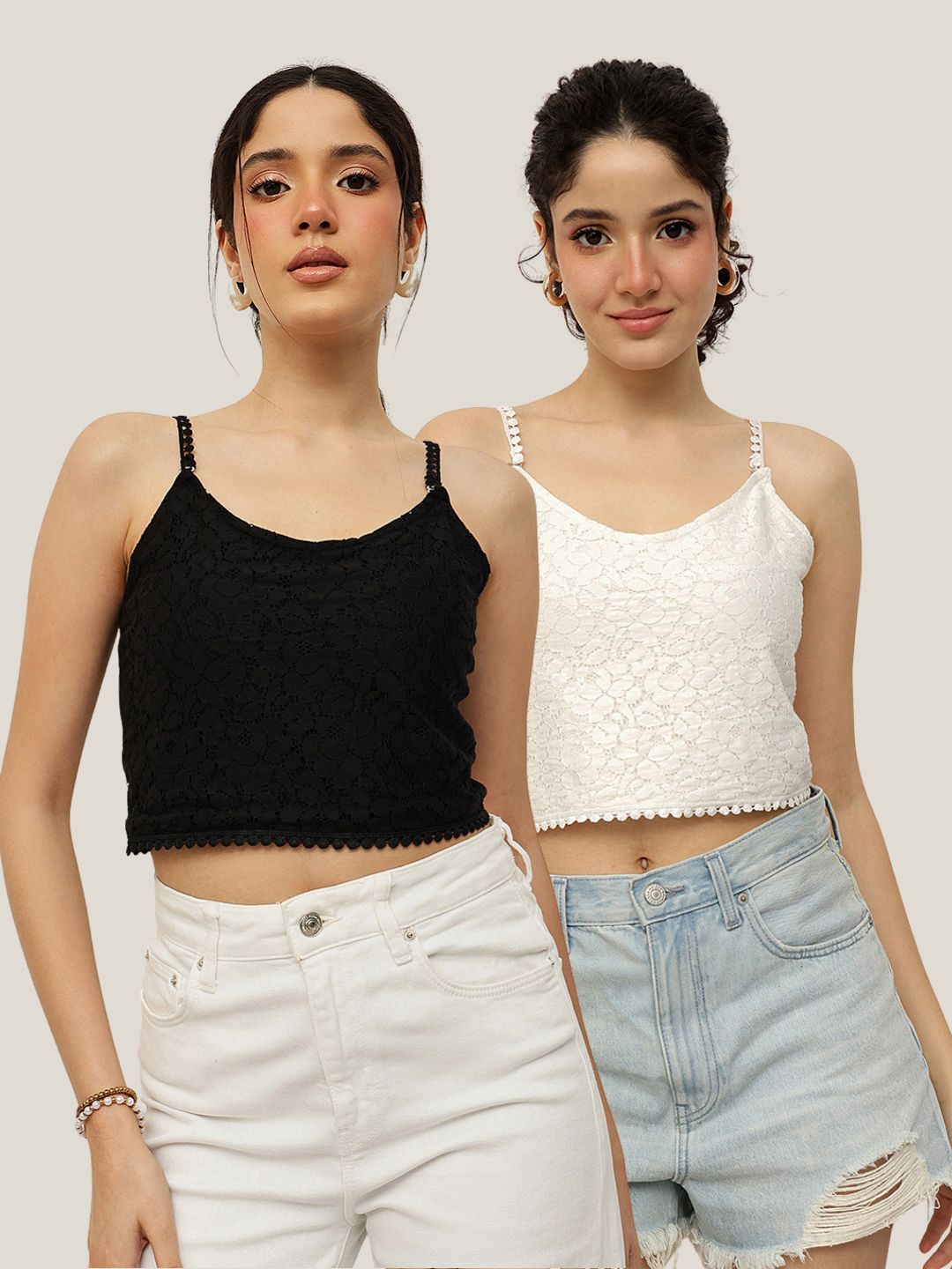 Double-Layer Lace Crop Camisole -Pack of 2