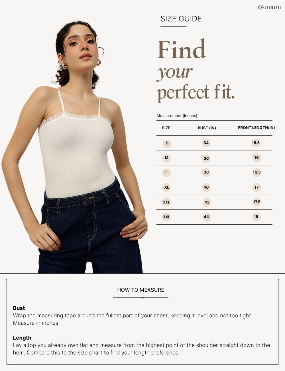 Liva Viscose Camisole with Lace Trim size guide