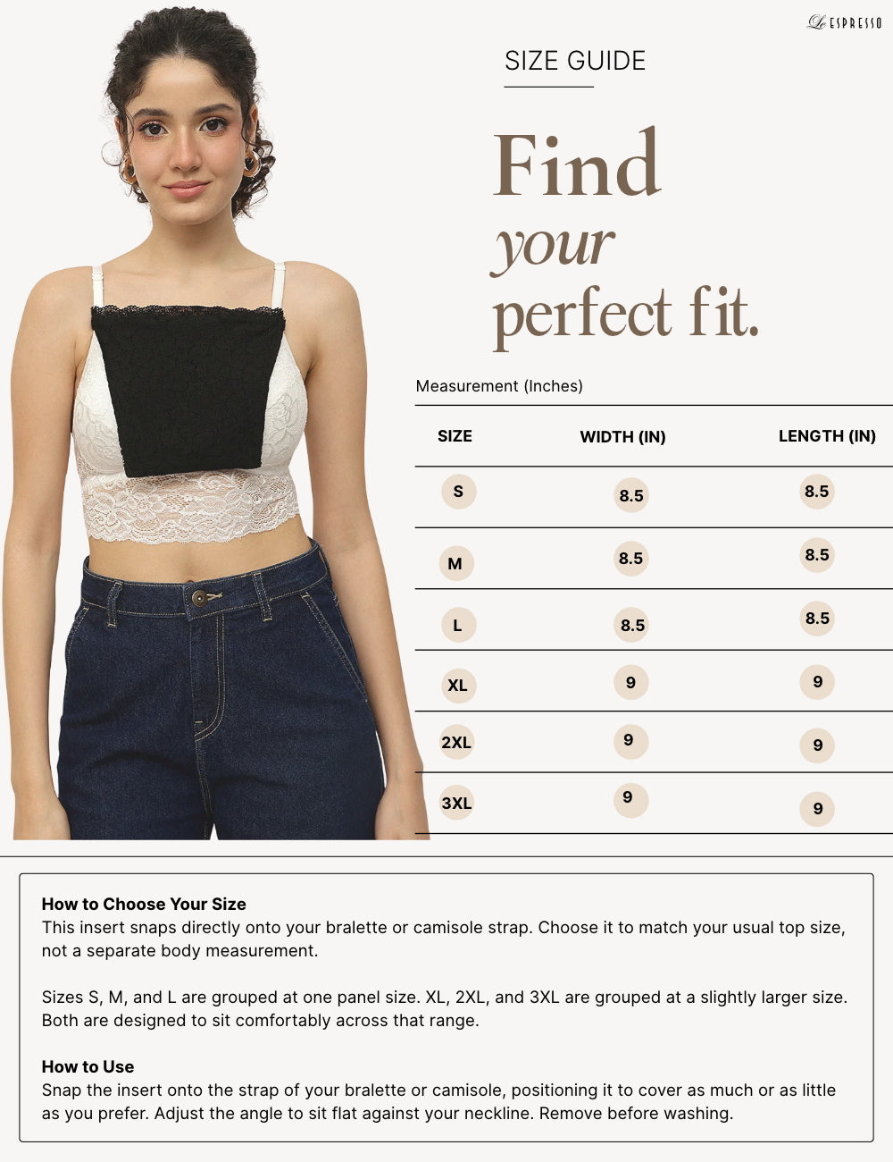 Lace Modesty Cami Insert - Pack of 2 size guide