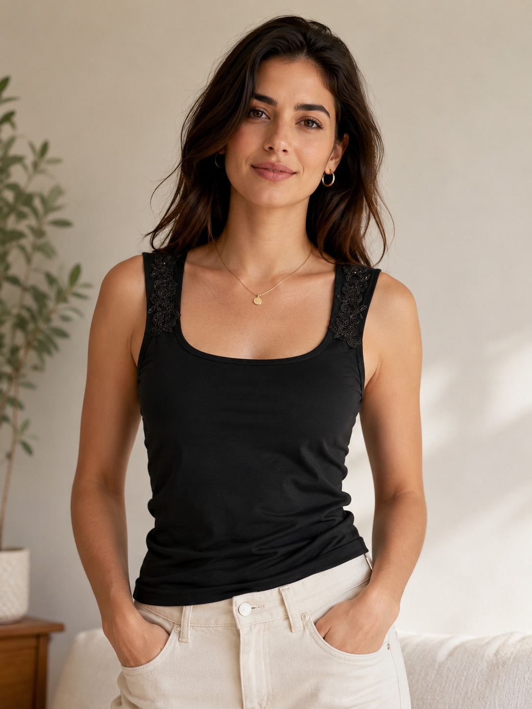Square Neck Sequin Lace Shoulder Tank Top
